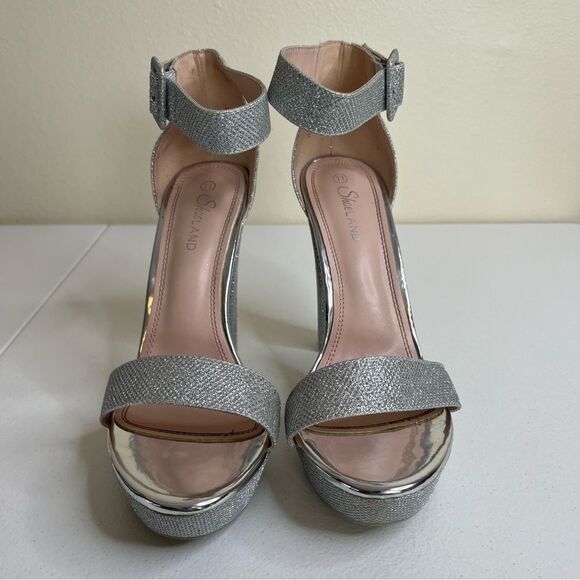 ShoeLand Cutesy Silver Sparkly Metallic Platform Ankle Strap High Heel Womens 11 - Picture 2 of 15
